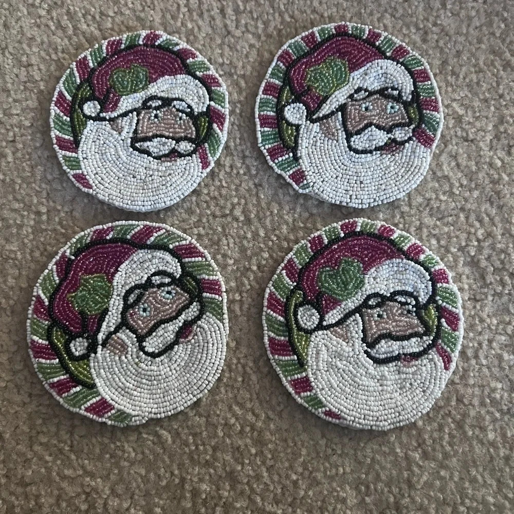 Set of 4 Vintage Santa Claus Christmas Beaded Coasters
